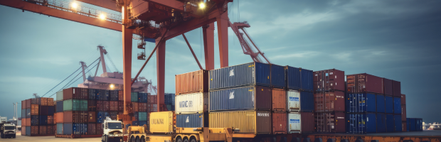Container terminal with cranes and freight containers